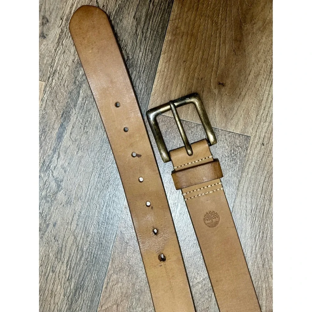 Timberland Mens Tan Genuine Leather Belt Brass Buckle Size 32 Logo Embossed